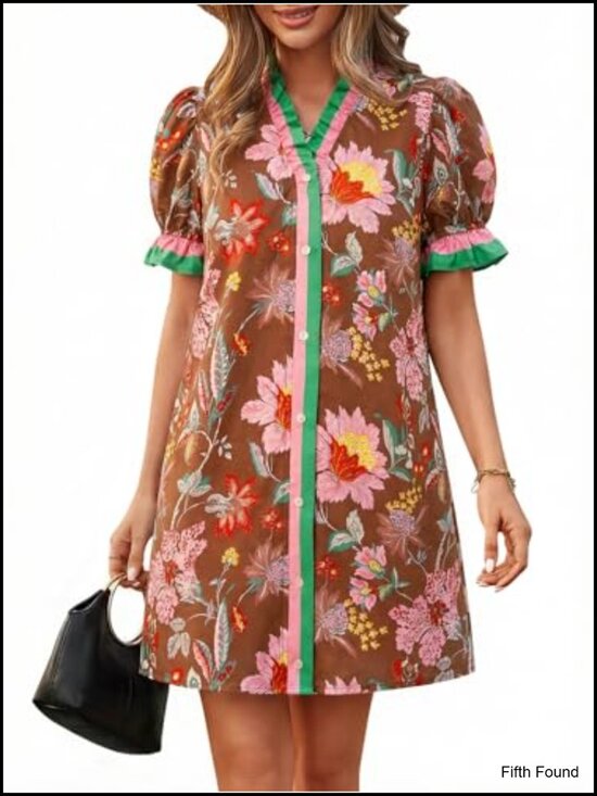 Dresses & Skirts - Women's Floral Puff Sleeve V-Neck Button Down Ruffle Shift Mini Dress with